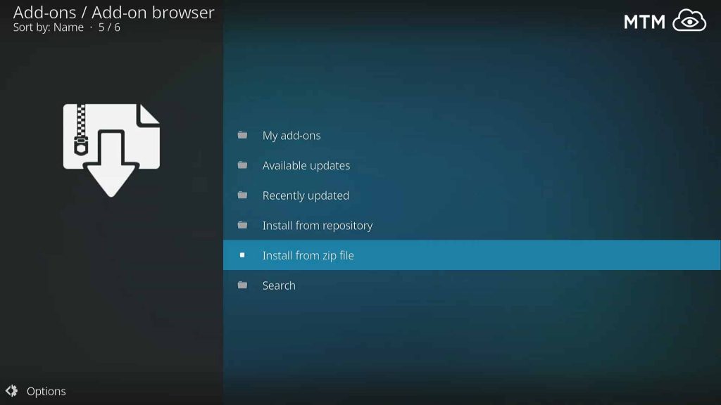 Enter Install From Zip File area within Kodi Add-ons Browser