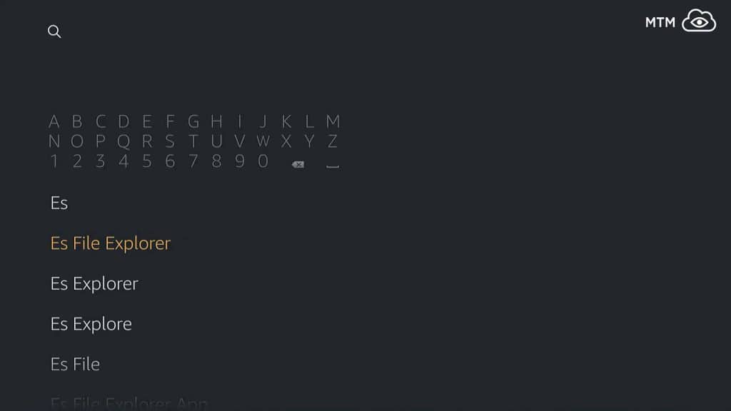 Search for ES File Explorer by Typing Until it Appears in the List Then Click it to jailbreak Amazon Fire TV Stick