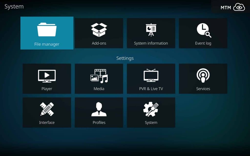 Kodi 18 Leia System File Manager Menu Item