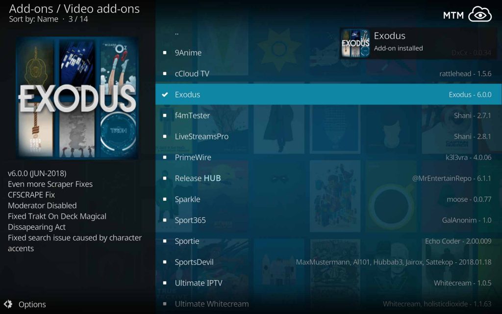 Successful Exodus on Kodi Install