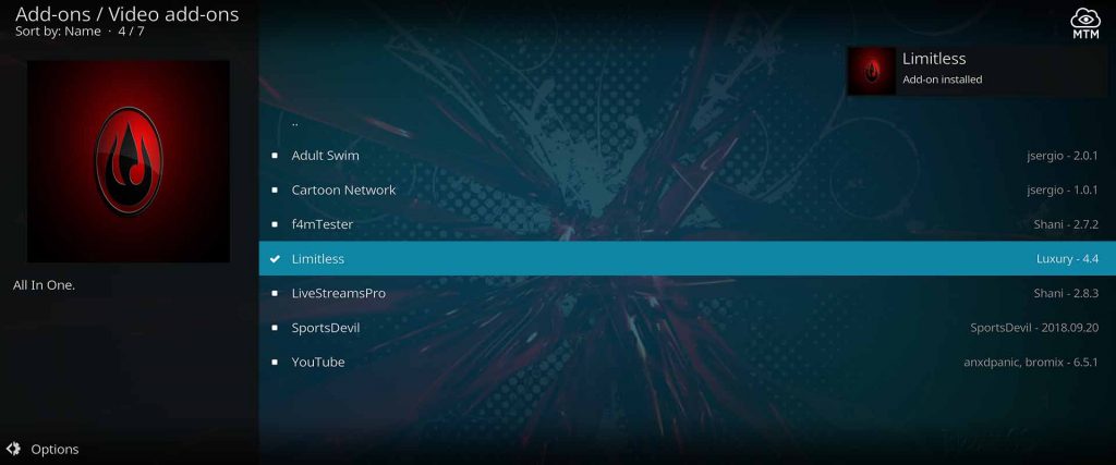 limitless tv channels add-on installed