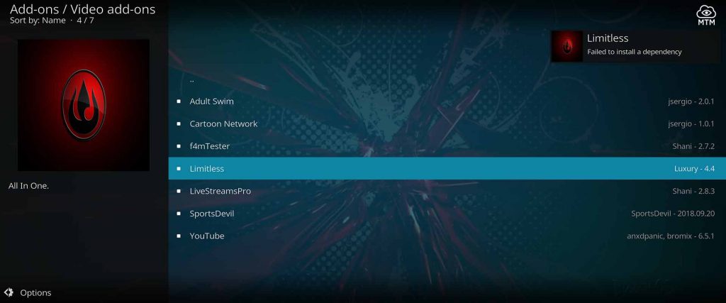 limitless addon failed to install a dependency error