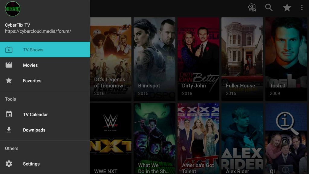 cyberflix apk menu with download calendar and settings